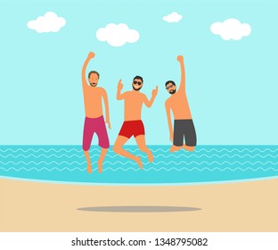 Cartoon flat vector illustration with jumping happy young man group. Summer holiday on the beach