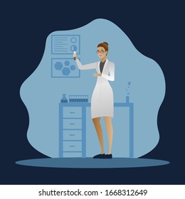 Dibujo vectorial plano de caricatura con investigador de laboratorio en el momento eureka. Científica aislada o morena médica en una capa de laboratorio con vidrio químico. 