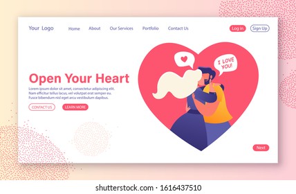 Cartoon flat vector illustration for landing page template. Love, romantic dating website. Loving couple embrace and kiss. Admit each other in love. Human relations for web site layout. Valentines day