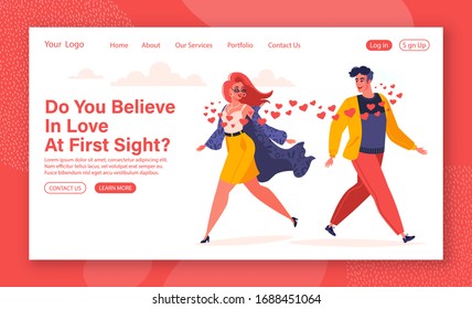 Cartoon flat vector illustration for landing page template. Love, romantic theme for website design. Human relations for web site layout. Man and woman fallen in love. Love at first sight. 