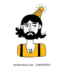 Cartoon flat vector illustration, line art, man in a birthday hat, yellow t-shirt