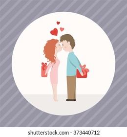 Cartoon flat vector illustration with lovers, who give each other gifts.
