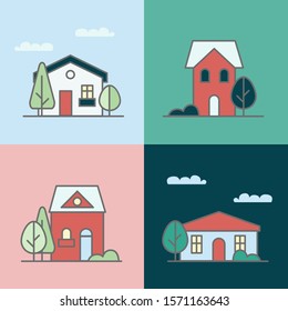 Cartoon flat vector illustration. Model houses. Cute cottage.