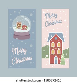 Cartoon flat vector illustration. Model houses. Cute cottage. Houses card. Snow.