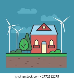 Cartoon flat vector illustration. Model eco houses. Cute cottage. Green energy.