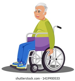 Cartoon Flat Vector Illustration of Old Man Grandfather Disabled in Wheelchair Isolated.