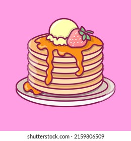 Cartoon flat vector illustration of pancakes with strawberry and ice cream. 