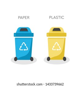 Cartoon flat vector illustration. Paper and plastic garbage. Sorting garbage. Ecology and recycle concept.