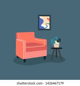 Cartoon flat vector illustration pink chair. Design interior. 