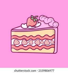 Cartoon flat vector illustration of pink cake with strawberry. 