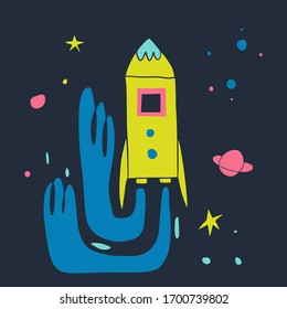 Dibujo vectorial plano de caricatura con cohetes, estrellas y planetas