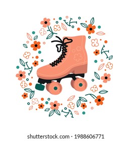 Cartoon flat vector illustration. Roller skate. Sport. Flowers.