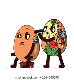Cartoon Flat Vector Illustration. Russian Translation: Easter. The egg tattoo artist does the tattoo to the client. Cute eggs.
