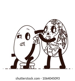 Cartoon Flat Vector Illustration. Russian Translation: Easter. The egg tattoo artist does the tattoo to the client. Cute eggs.  Coloring Book Page