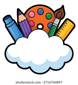 Ilustración vectorial plana de dibujos animados útiles escolares icono de color pegatina con Elementos de arte pincel lápiz Regla paleta pluma nube ideal para Sitios web y tarjetas de redes sociales