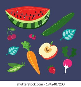 Cartoon flat vector illustration set vegetables, fruits, berries. Food art.
