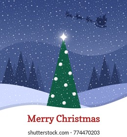 Cartoon flat vector illustration snowing starry night and Christmas tree