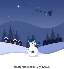 Cartoon flat vector illustration starry Christmas night and happy snowman