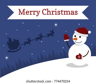 Cartoon flat vector illustration starry Christmas night and happy snowman