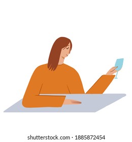 Cartoon flat vector illustration. Template post card. Girl  drinking wine or champagne . Cartoon flat vector illustration. Template post card. 