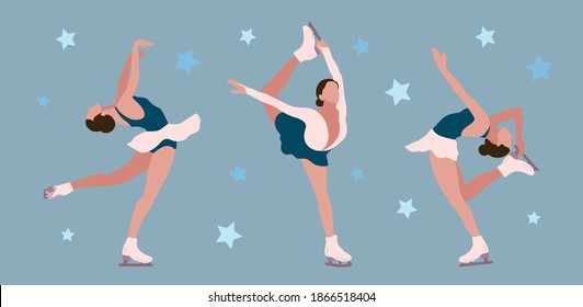 Cartoon Flat Vector Illustration. Three Figure Skating Competition. Winter Beautiful Sport.