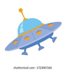 Cartoon flat vector illustration of Ufo. Banner background with alien spaceship. Futuristic technology concept. Graphic element.