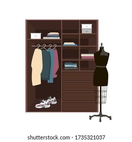 Rodaje de ilustración vectorial plana de dibujos animados. Diseño interior. Ropa, calzado, maniquí.