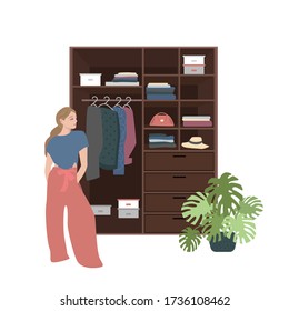 Cartoon flat vector illustration wardrobe. Design interior. Clothes, footwear, model, flower; hat; bag.
