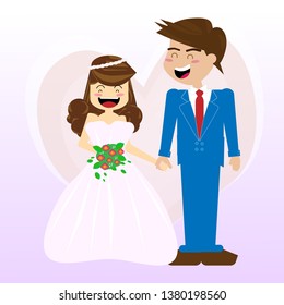 Cartoon flat vector illustration for the wedding invitation and graphic design. Bride wearing wedding dress and the groom wearing a suit.
