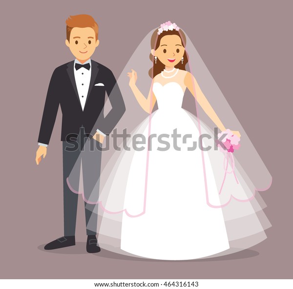 結婚式の招待状とグラフィックデザイン用の漫画のフラットベクターイラスト ウエディングドレスを着た花嫁とスーツを着た花婿 背景に のベクター画像素材 ロイヤリティフリー