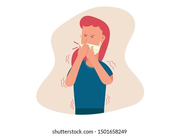 Cartoon flache Vektorillustration Illustration von jungen Frauen mit Maske, die unter Fieber, Kälteerkrankung, Husten und Schüttelfrost, Grippesymptom, Krankheit, Gesundheitsproblem, Allergie, Virusinfektion leiden.