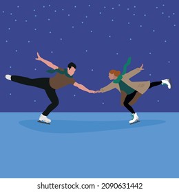 Cartoon flat vector illustration young couple ice skating. Figure skating competition. 