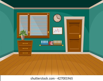 Cartoon flat vector interior office room in turquoise style. Vector illustration