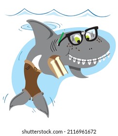 A cartoon flat vector nerd shark is treading water holding a couple of books