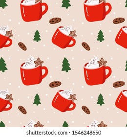 Cartoon flat vector seamless pattern with eggnog cookie and green tree. Stock illustration in cute doodle style. Christmas tradition drink in red cup with whipped cream.  Red white pink color.