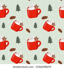 Cartoon flat vector seamless pattern with eggnog cookie and green tree. Stock illustration in cute doodle style. Christmas tradition drink in red cup with whipped cream.  Red white brown color.