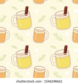 Cartoon flat vector seamless pattern with cacao and eggnog. Stock illustration in cute doodle style. Christmas tradition drink with cinnamon on white background. Funny yellow orange green colors.