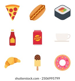 cartoon flat vector set isolated on white background, fast food concept of pizza slice, hot dog, donut, soda, ketchup, cup of drink, sushi roll and ice cream