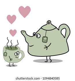 Cartoon flat vector teapot and cup of tea