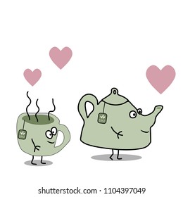 Cartoon flat vector teapot and cup of tea