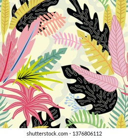 Cartoon Flat Vector Vivid Tropical Leaves On The Beige Background. Summer Seamless Pattern.