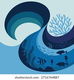Vector plano de dibujos animados concepto del día mundial de los océanos mar limpio plantas ecología naturaleza medio ambiente postal de felicitación adecuado para vacaciones internacionales y festivales temas creativos