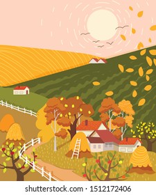 Cartoon flat village with colorful scenery. Autumn season fields and houses. Haystacks and birds flying. Vector