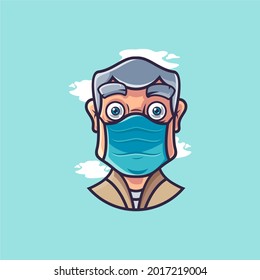 Cartoon, Flat, Vintage, Colorful, Elderly Men Wearing Medical Mask Portrait Character Vector