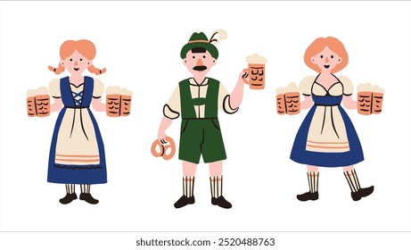 Cartoon flat waiters in folk Bavarian costumes carrying beer at the Oktoberfest festival.