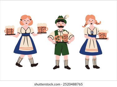 Cartoon flat waiters in folk Bavarian costumes carrying beer at the Oktoberfest festival.