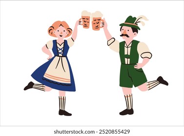 Cartoon flat waiters in folk Bavarian costumes carrying beer at the Oktoberfest festival.