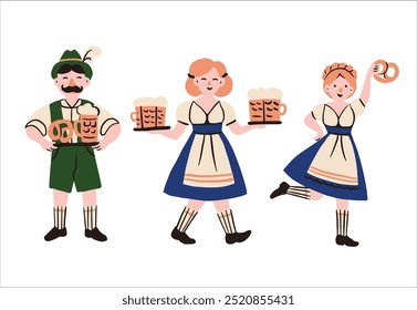 Cartoon flat waiters in folk Bavarian costumes carrying beer at the Oktoberfest festival.