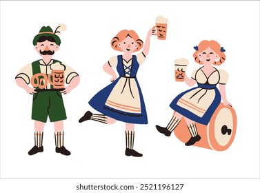 Cartoon flat waiters in folk Bavarian costumes carrying beer at the Oktoberfest festival.