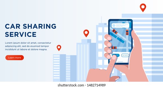 Cartoon Flat web banner car sharing and taxi Service. Urban Application. Male Hand Holding mobile Phone with gps City Map location. Vehicle Rental. Available car. Navigation Location Rental Car.
